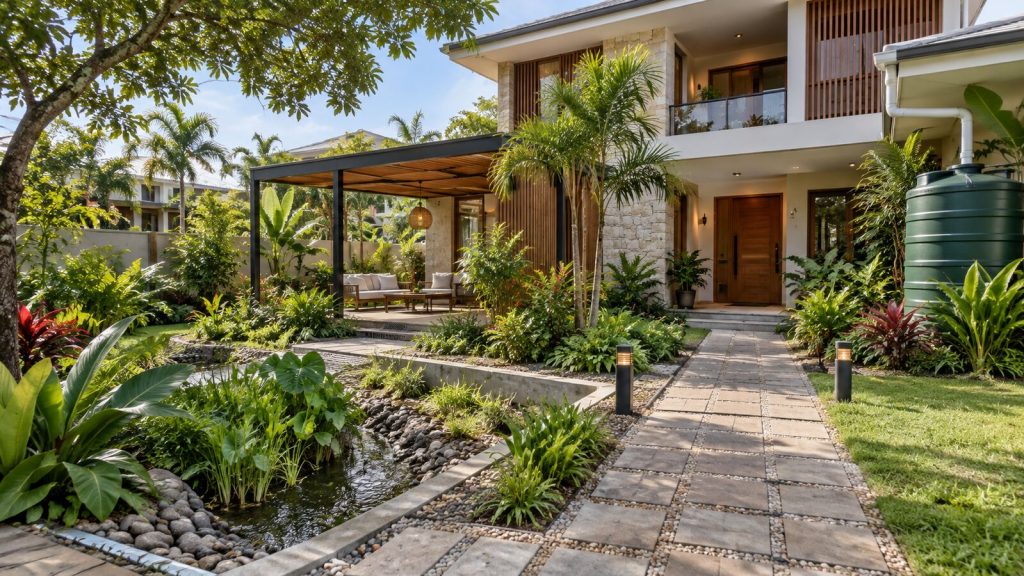 Environmentally designed property with sustainable landscaping, drainage, shade and rainwater collection