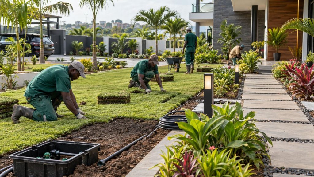 Landscape construction project with lawn installation, planting, walkways and outdoor lighting