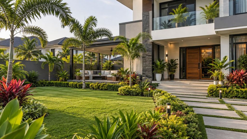 Modern residential landscaping with lawn, tropical planting, walkways and outdoor lighting