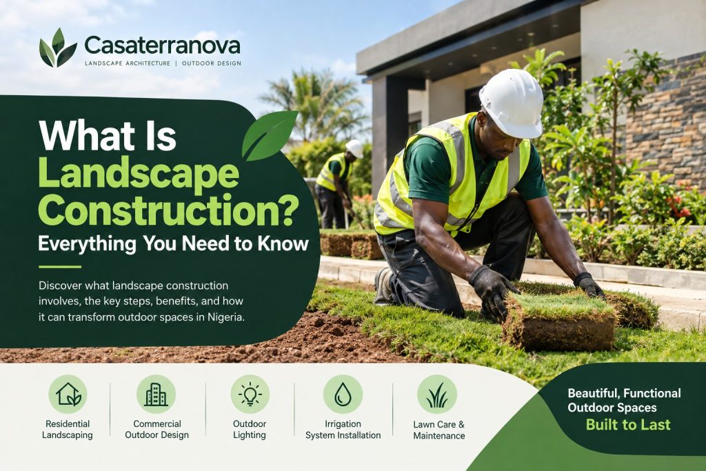 Landscape construction in Nigeria showing a worker installing turf beside a modern building.